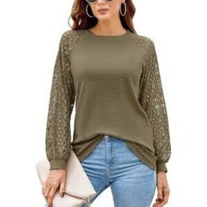Olive Green Waffle Knit Top With Lace Sleeves 2XL Beautiful Unique Design